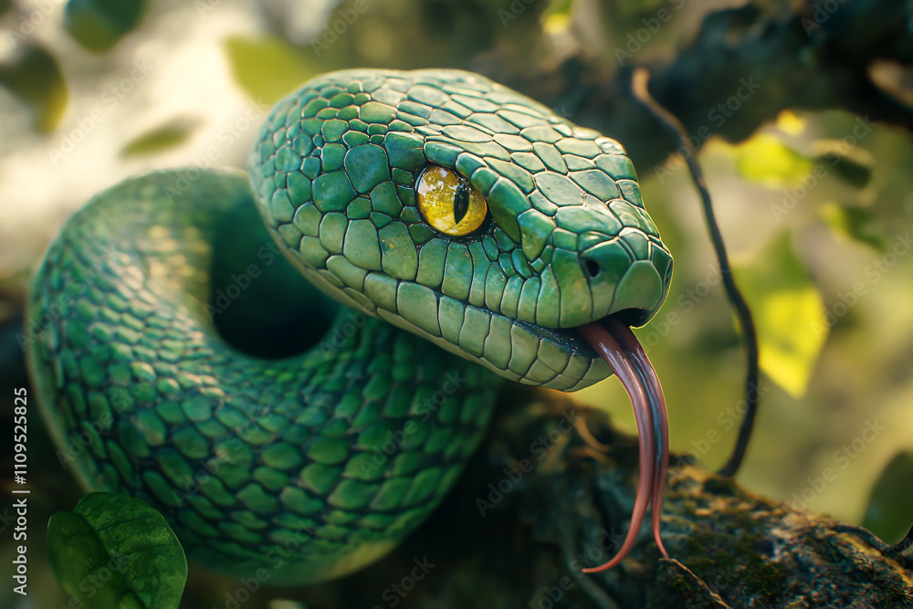 Fototapeta premium A green snake with its tongue out, perched on a tree branch