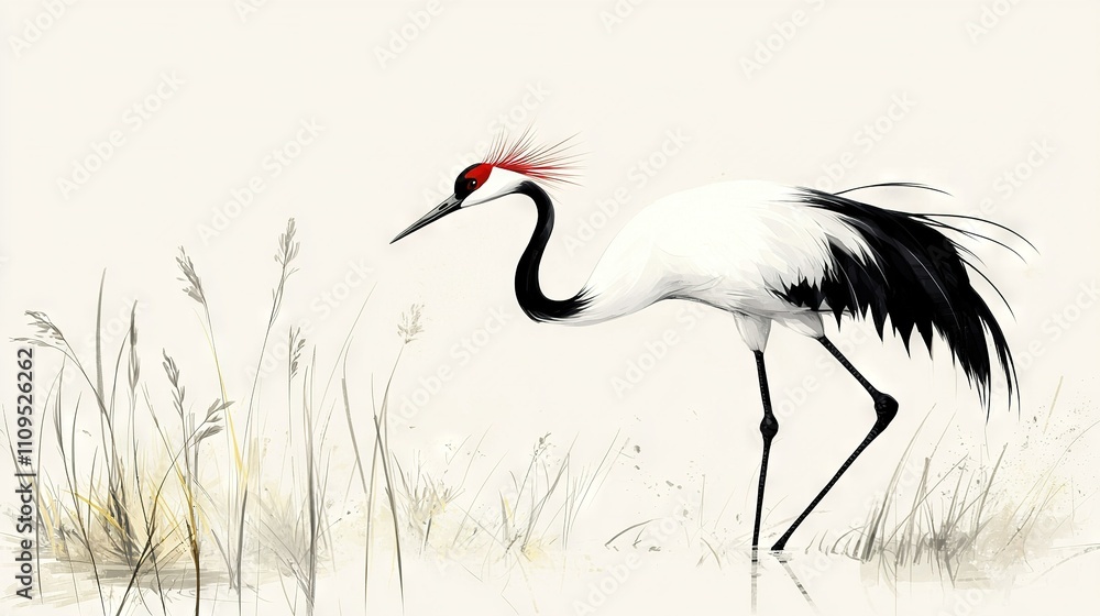 Fototapeta premium A black and white bird with a red head stands in a marshy area with tall grasses