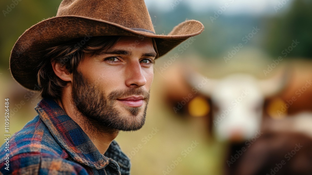 Young cowboy poses confidently while raising cattle in a lush, green pasture during a sunny day Young cowboy poses confidently while raising cattle in a lush, green pasture during a sunny day