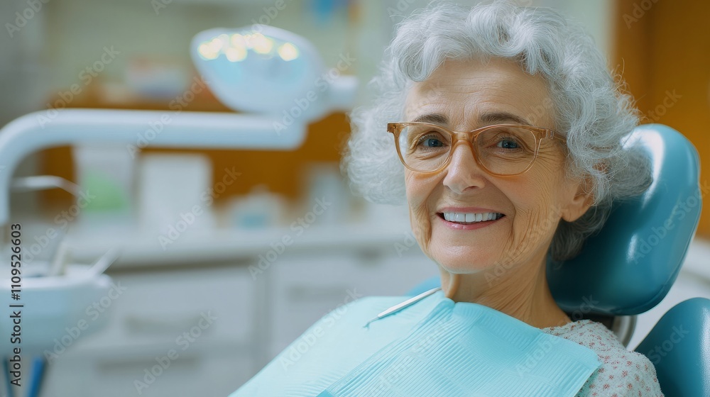 Senior woman smiling in dental clinic during routine check-up with bright atmosphere and modern equipment.In a well-lit dental clinic, a senior woman sits comfortably in a dental chair wearing glasses Senior woman smiling in dental clinic during routine check-up with bright atmosphere and modern equipment.In a well-lit dental clinic, a senior woman sits comfortably in a dental chair wearing glasses