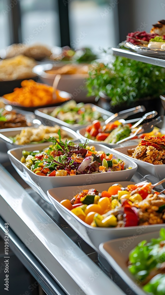 A clean and modern buffet display with colorful meals and ample space for event promotion text. A clean and modern buffet display with colorful meals and ample space for event promotion text.