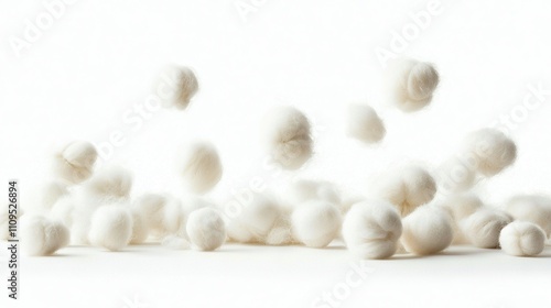  White cotton balls tossed in the air by white cotton balls on a white background