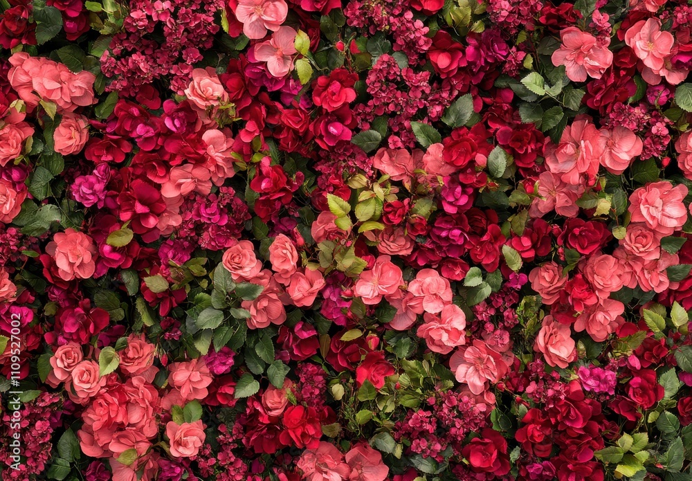 Vibrant Floral Background of Roses and Blooms in Various Shades of Pink and Red for Use in Design and Decoration Vibrant Floral Background of Roses and Blooms in Various Shades of Pink and Red for Use in Design and Decoration