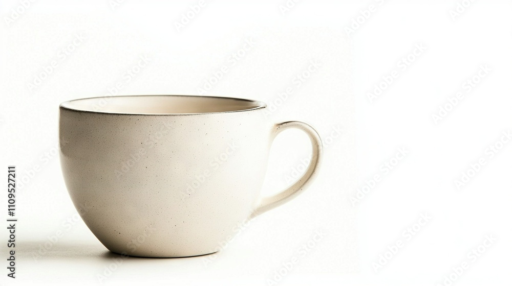 A white coffee cup sits atop a white table, beside a monochrome feline portrait A white coffee cup sits atop a white table, beside a monochrome feline portrait