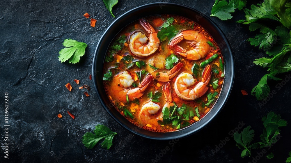 Delicious shrimp soup with vibrant vegetables and herbs in a stylish bowl on a dark surface.A bowl filled with aromatic shrimp soup showcases plump shrimp Delicious shrimp soup with vibrant vegetables and herbs in a stylish bowl on a dark surface.A bowl filled with aromatic shrimp soup showcases plump shrimp