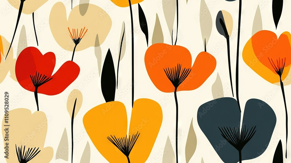 Fototapeta premium A pattern of red, orange, and yellow flowers on a white background with long black stems