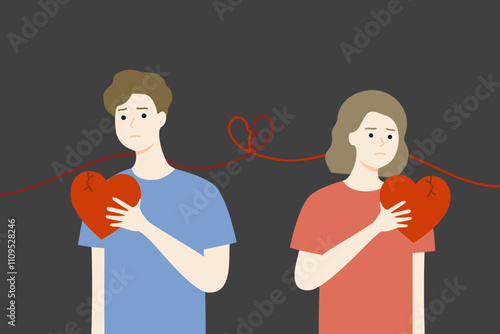 Depressed sad couple hand holding cracked heart. Loneliness, feeling, love, betrayal, relationship, divorce, breakup. Flat people character vector design illustration with broken heart line .