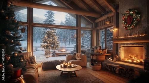 Illustrated Cozy house in Snowy Forest, mountain
 photo