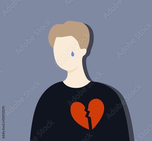 Sad crying man with broken heart portrait. Depression, failure, mental health, loneliness concept. Flat faceless cartoon character vector design isolated illustration.