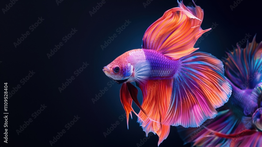 Colorful tropical betta fish with flowing fins swimming on black background. Vibrant scales and elegant movement create mesmerizing display, showcasing beauty and grace of aquatic life Colorful tropical betta fish with flowing fins swimming on black background. Vibrant scales and elegant movement create mesmerizing display, showcasing beauty and grace of aquatic life