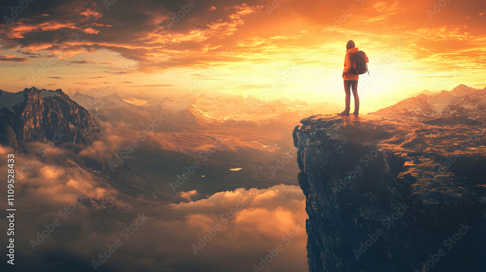Fototapeta premium Adventurer Stands on Mountaintop at Sunset Over Clouds