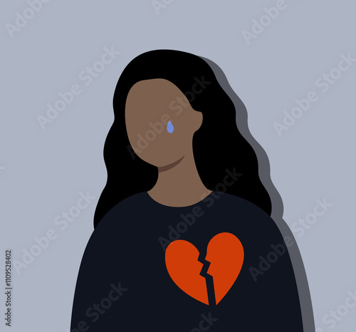 Sad crying woman with broken heart portrait. Depression, failure, mental health, loneliness concept. Flat faceless cartoon character vector design isolated illustration.