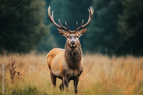 Solitary Stag in Autumnal Meadow Natural Light