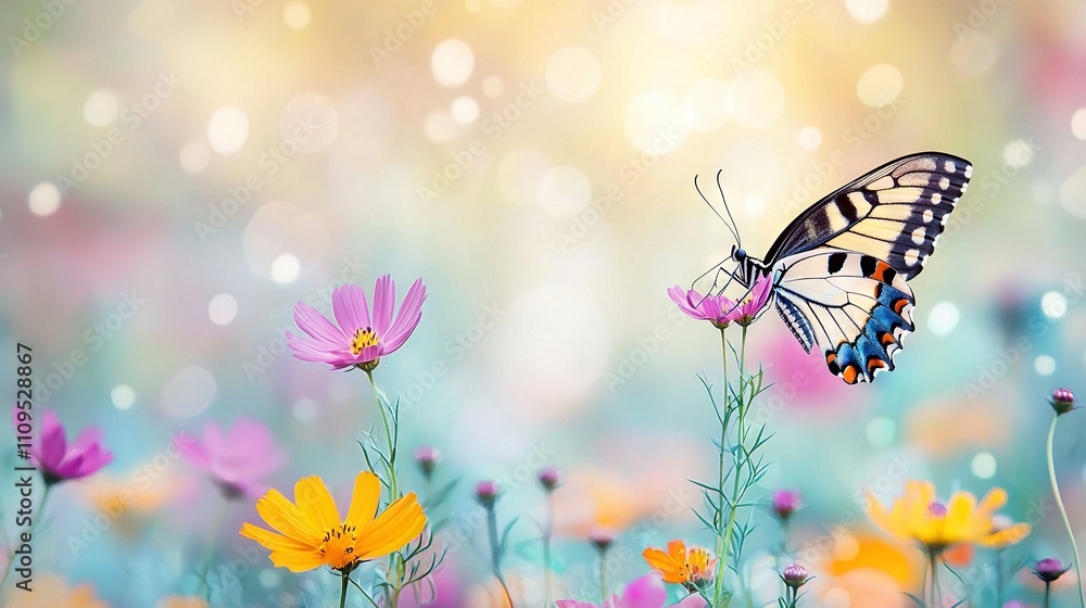A butterfly sits atop a purple bloom near a field of yellow and pink blossoms under the bright sun A butterfly sits atop a purple bloom near a field of yellow and pink blossoms under the bright sun