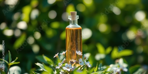 A Glass Bottle of Golden Liquid Surrounded by Delicate White Flowers and Lush Green Foliage