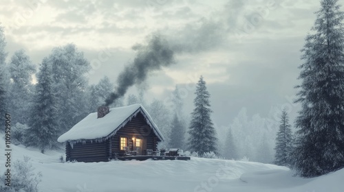 Illustrated Cozy house in Snowy Forest, mountain 