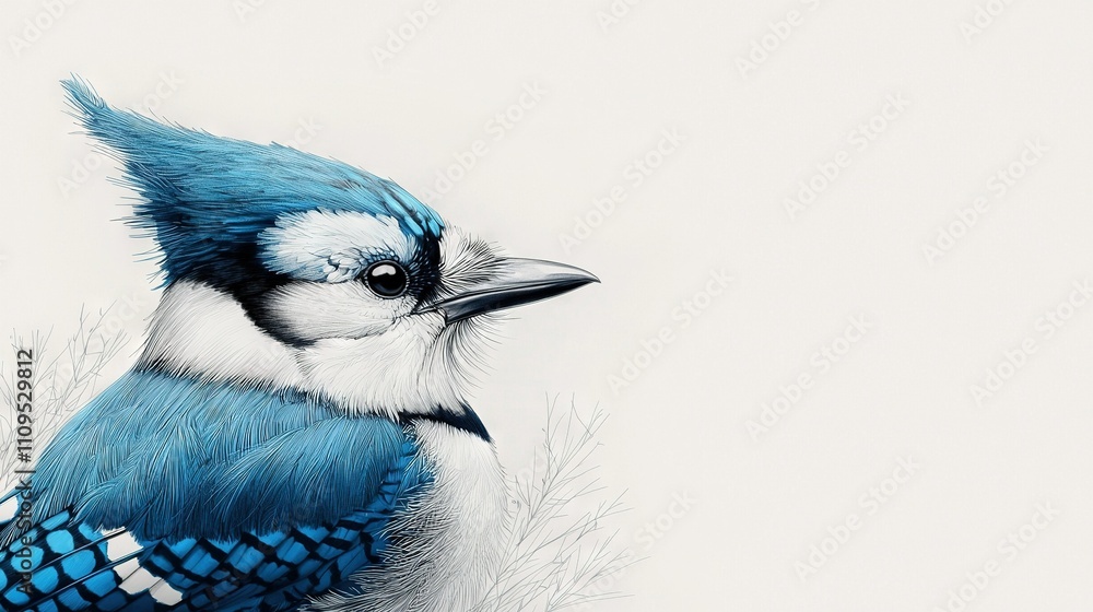 Obraz premium A blue-and-white bird perches atop a leafy branch against a white backdrop