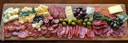 Assorted Charcuterie Board with Cured Meats and Cheeses - Delicious charcuterie board featuring cured meats, cheeses, olives, and herbs. Perfect for parties or a special occasion.  Artisan, gourmet, a photo