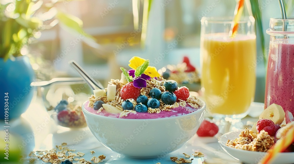 A bowl of oatmeal with fruit and granola sits on a table, alongside a glass of orange juice A bowl of oatmeal with fruit and granola sits on a table, alongside a glass of orange juice