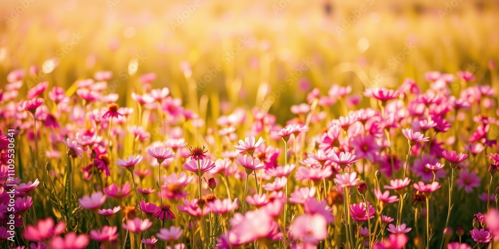 Naklejka premium A vibrant field of pink wildflowers basking in the warm glow of the afternoon sun, their petals catching the light and creating a dreamy, ethereal atmosphere.