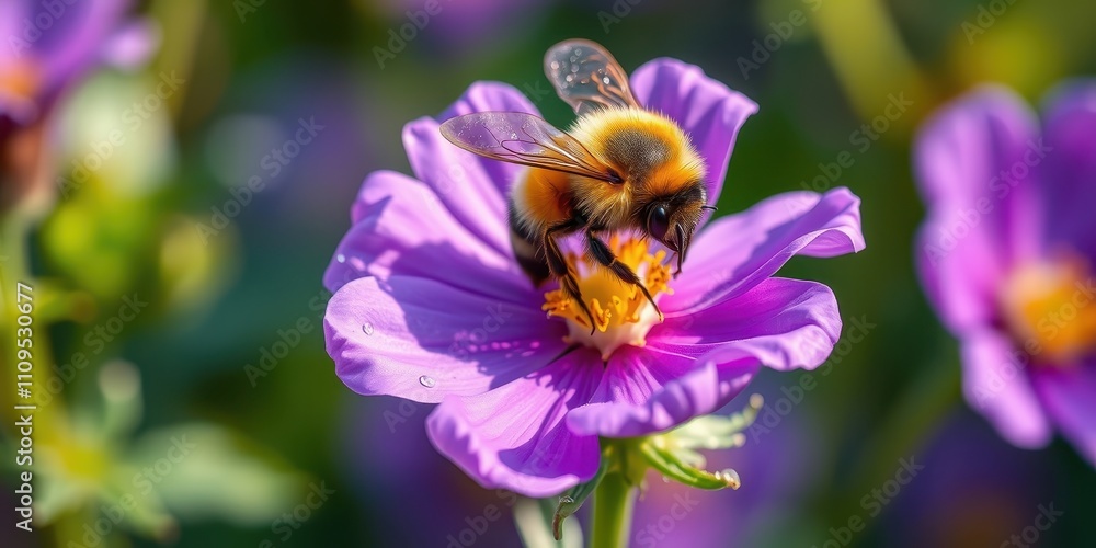 A fuzzy bumblebee collects pollen from a vibrant purple flower, its wings slightly outstretched as it diligently works, creating a stunning display of nature's harmony. A fuzzy bumblebee collects pollen from a vibrant purple flower, its wings slightly outstretched as it diligently works, creating a stunning display of nature's harmony.