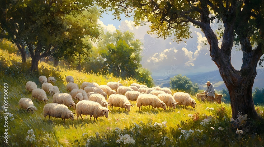 Obraz premium A flock of sheep grazing in a sunny meadow under the watchful gaze of a shepherd
