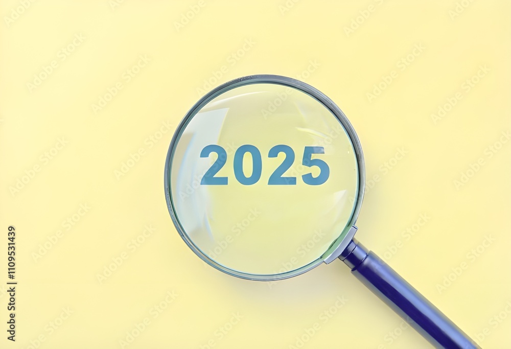 Happy New Year 2025. Magnifying glass use to focus number 2025 on yellow background. Festive spirit, heartfelt cheers to embrace new beginnings, opportunities, endless possibilities, happiness Happy New Year 2025. Magnifying glass use to focus number 2025 on yellow background. Festive spirit, heartfelt cheers to embrace new beginnings, opportunities, endless possibilities, happiness