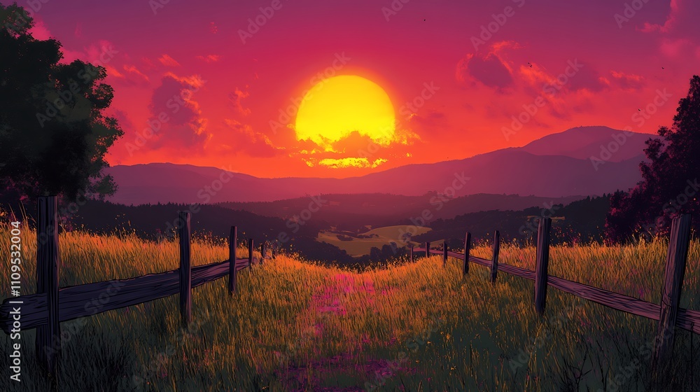 Obraz premium Sun setting over a meadow with a wooden fence dividing the vibrant landscape