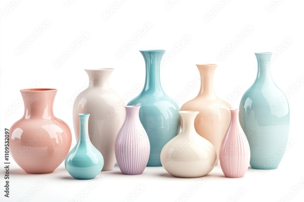 Collection of pastel ceramic vases of varying shapes and sizes on white background. Collection of pastel ceramic vases of varying shapes and sizes on white background.