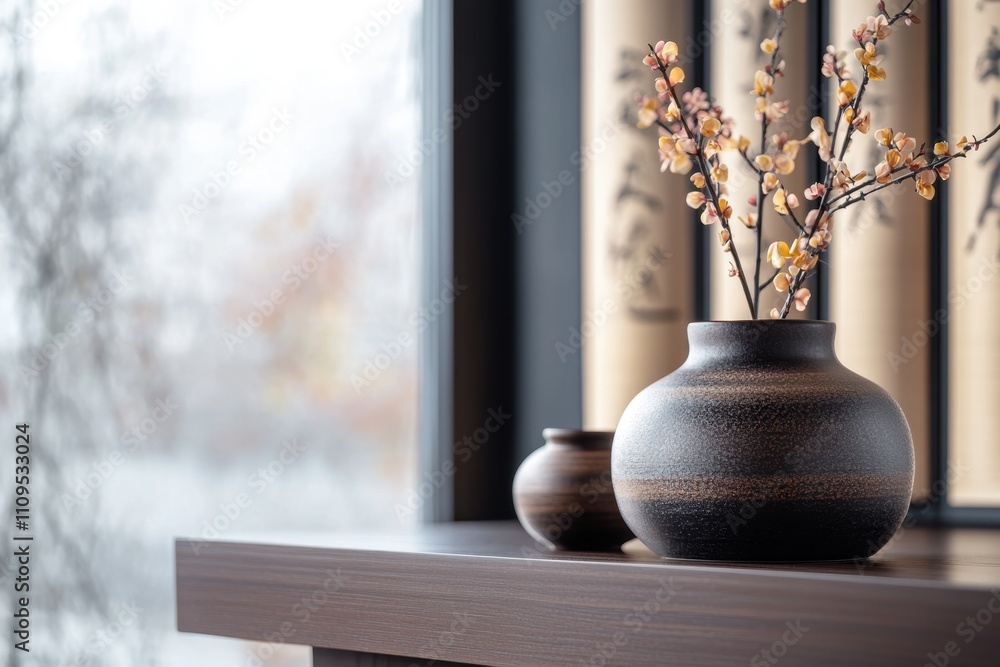 japanese interior design, japanese ceramics grace a zen-inspired room, resting on clean wooden tables, complemented by calligraphy scrolls on the walls japanese interior design, japanese ceramics grace a zen-inspired room, resting on clean wooden tables, complemented by calligraphy scrolls on the walls