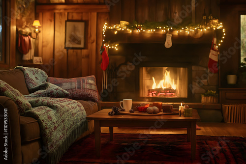 Cozy living room with fireplace and Christmas atmosphere