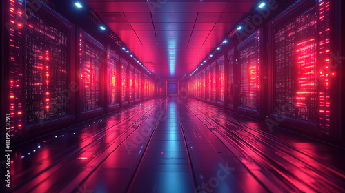 Wallpaper Mural High-tech corridor illuminated by vibrant neon lights in a futuristic data center at night. Generative AI Torontodigital.ca