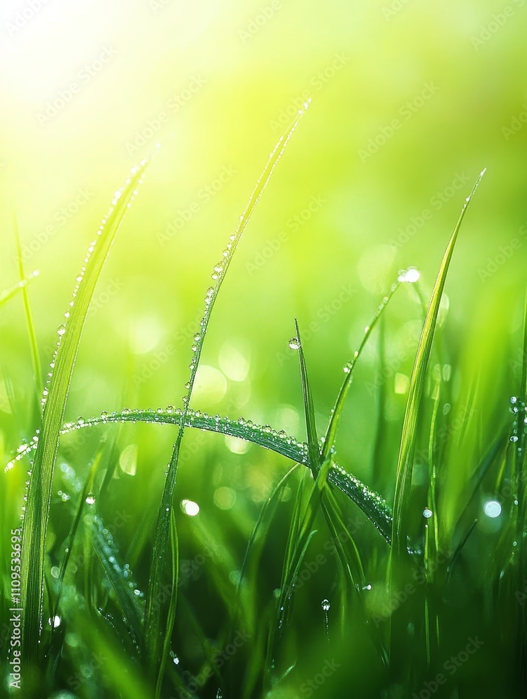 Obraz premium Dew-Kissed Grass Blades in Morning Sunlight - Close-up of dew-covered grass, symbolizing freshness, nature, purity, serenity, and new beginnings.