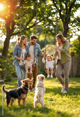 Happy family with two children and dogs enjoying swinging in backyard