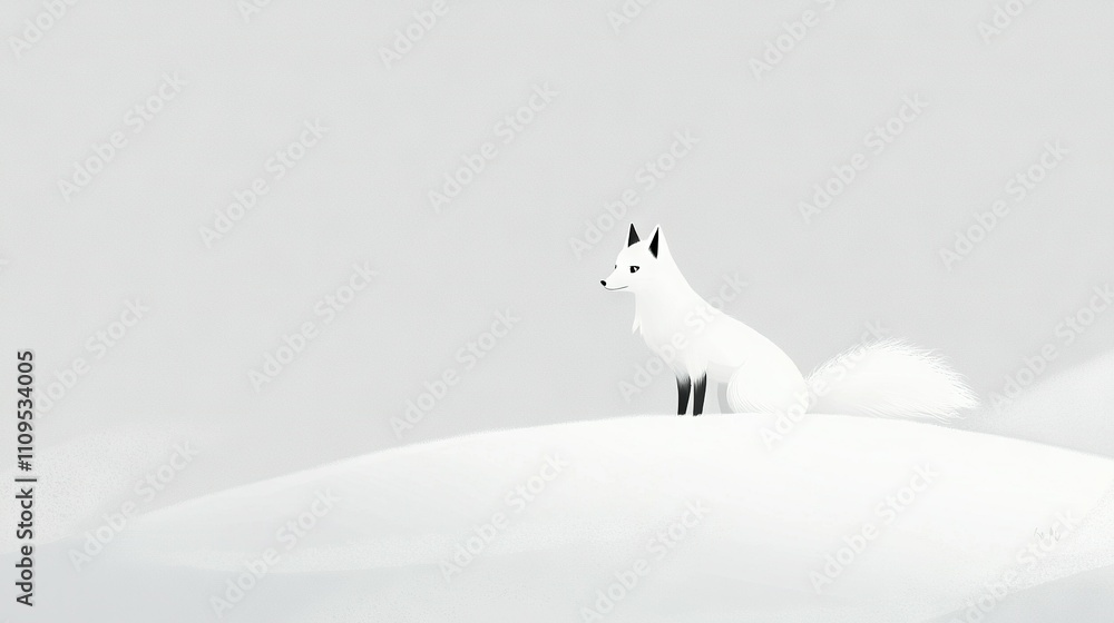 A white fox stands atop a snow-covered hill, beside another hill blanketed in snow, with a bird perched on the latter A white fox stands atop a snow-covered hill, beside another hill blanketed in snow, with a bird perched on the latter
