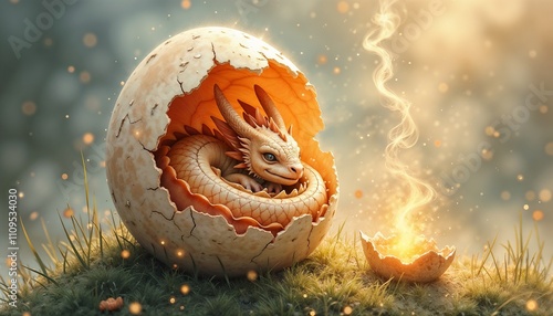 Baby dragon hatching from egg with magical aura on a grassy surface, fantasy scene