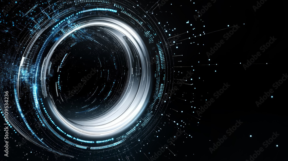 Abstract digital art blue and silver tech circle camera lens on dark background with copy space. Science, futuristic digital technologies concept. Abstract digital art blue and silver tech circle camera lens on dark background with copy space. Science, futuristic digital technologies concept.