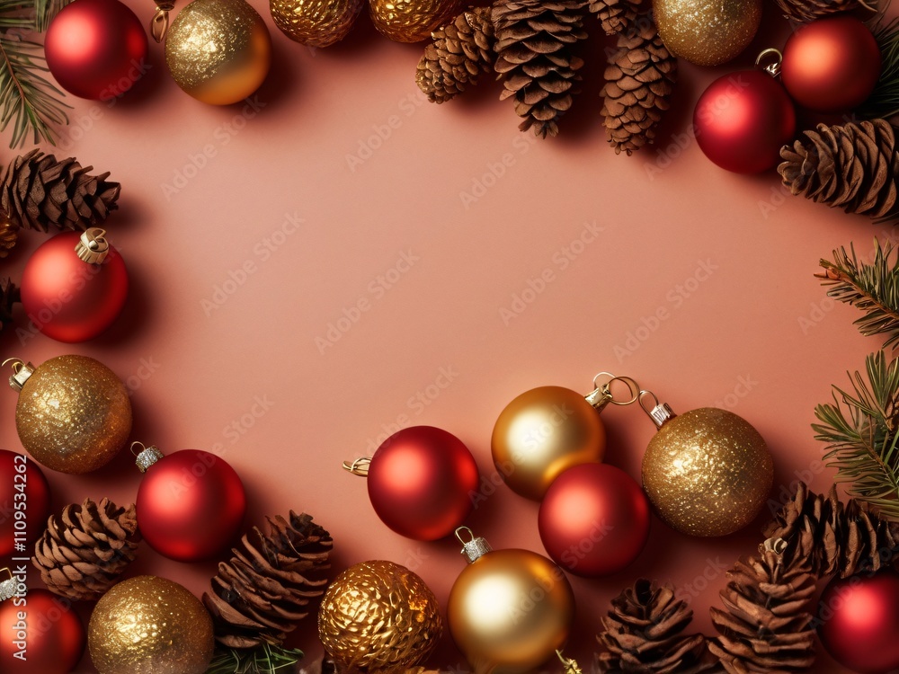 Top view photo of gold and brown christmas tree balls pine cones glowing stars and gold serpentine on pine branches on isolated red background with copyspace. Space for text , copy space, banner poste Top view photo of gold and brown christmas tree balls pine cones glowing stars and gold serpentine on pine branches on isolated red background with copyspace. Space for text , copy space, banner poste