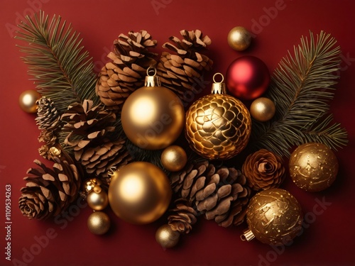 Top view photo of gold and brown christmas tree balls pine cones glowing stars and gold serpentine on pine branches on isolated red background with copyspace. Space for text , copy space, banner poste