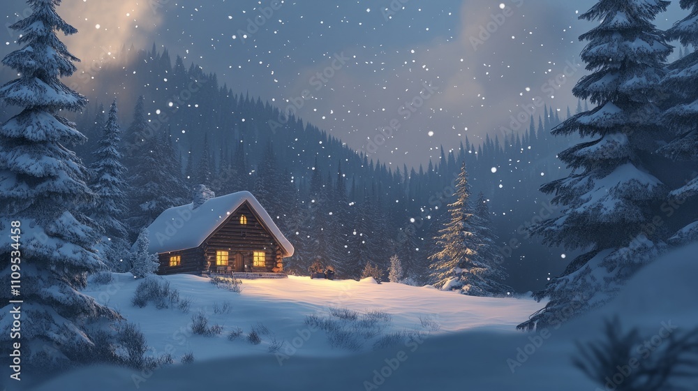 Fototapeta premium Soft illustrated snow scene with cozy cabin