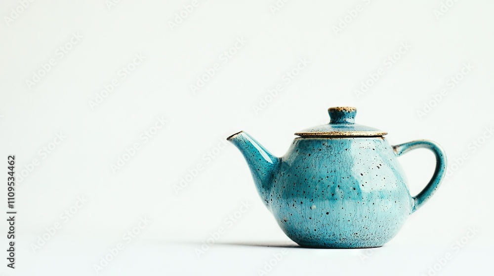 Blue teapot on white tablecloth against white walls Blue teapot on white tablecloth against white walls