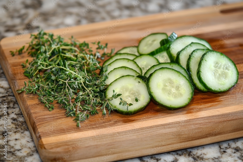 Fresh Cucumbers and Thyme on Wooden Cutting Board - Sliced cucumbers, fresh thyme sprigs, wooden board, healthy food, cooking prep Fresh Cucumbers and Thyme on Wooden Cutting Board - Sliced cucumbers, fresh thyme sprigs, wooden board, healthy food, cooking prep