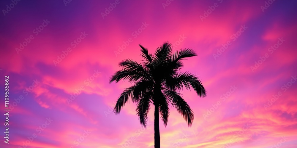 A solitary palm tree stands tall against a vibrant pink and purple sunset sky, casting a dark silhouette that contrasts beautifully with the warm hues of the horizon. A solitary palm tree stands tall against a vibrant pink and purple sunset sky, casting a dark silhouette that contrasts beautifully with the warm hues of the horizon.