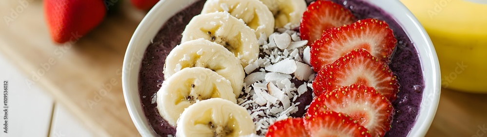 A colorful acai bowl with sliced bananas, strawberries, and coconut flakes. A colorful acai bowl with sliced bananas, strawberries, and coconut flakes.