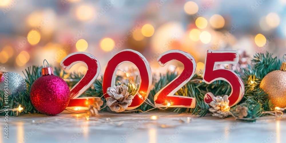 Naklejka premium Hanging illuminated 2025 numbers with festive ornaments