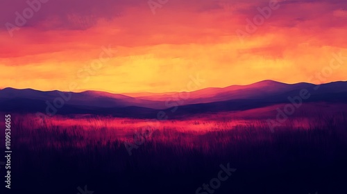 Sunset over a vast meadow with the sky painted in shades of orange and purple