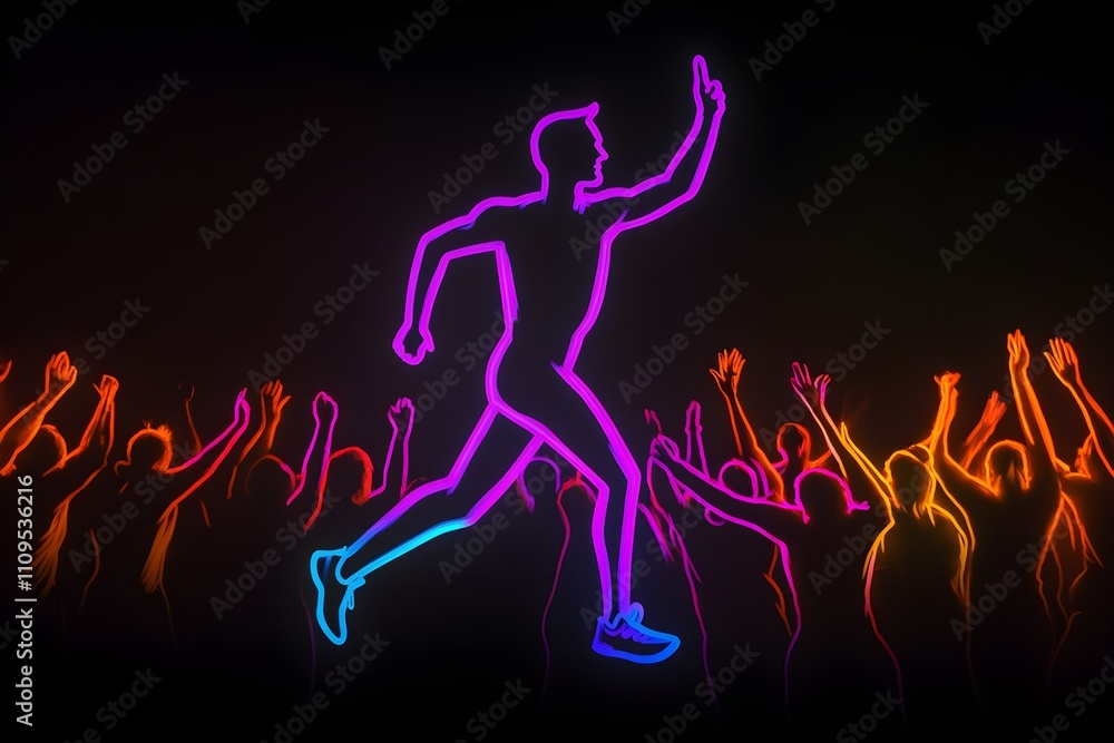 A dynamic neon outline of a marathon runner triumphantly crossing the finish line against a dark background. A dynamic neon outline of a marathon runner triumphantly crossing the finish line against a dark background.