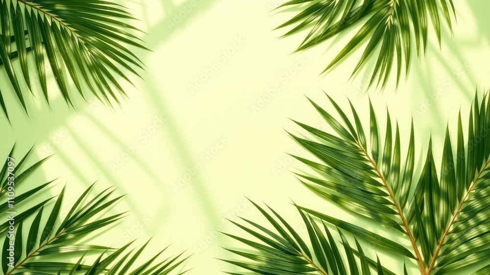 Fototapeta premium Tropical Palm Leaf Frame with Shadow on Light Green Background