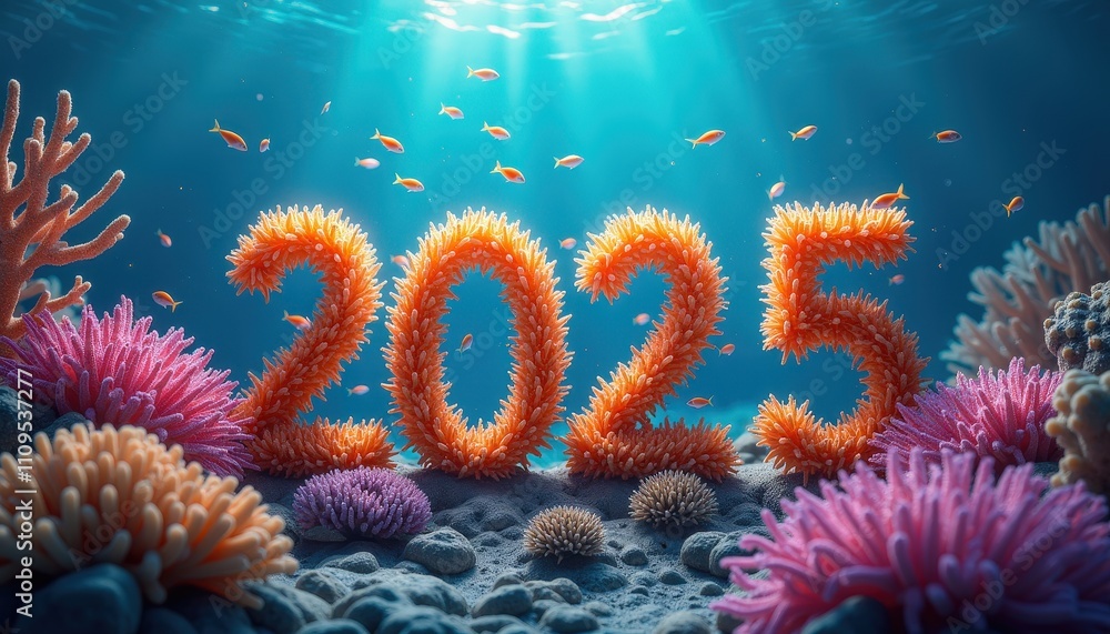 A tropical underwater coral reef glowing in vivid colors, with 'Happy New Year 2025' formed by seaweed and tiny fish A tropical underwater coral reef glowing in vivid colors, with 'Happy New Year 2025' formed by seaweed and tiny fish