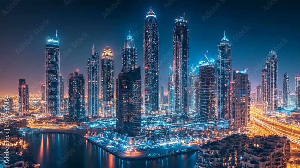 Naklejka premium Modern Skyscrapers at Night in Dubai - Stunning cityscape of illuminated skyscrapers reflecting on calm waters, symbolizing modern architecture, urban development, progress, luxury, and night life.